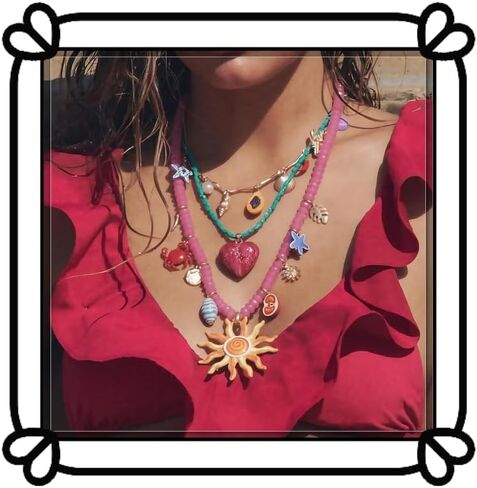 Bohemian Layered Necklace - Pink and Turquoise Beads with Sun and Heart Pendant Necklace - Summer Beach Jewelry 3-Piece Set in Saudi Arabia