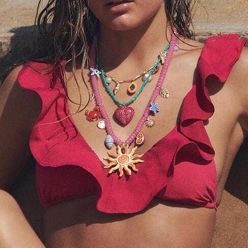 Bohemian Layered Necklace - Pink and Turquoise Beads with Sun and Heart Pendant Necklace - Summer Beach Jewelry 3-Piece Set in Saudi Arabia