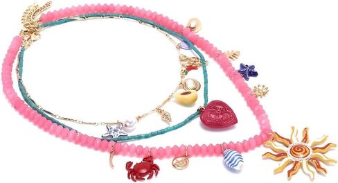 Bohemian Layered Necklace - Pink and Turquoise Beads with Sun and Heart Pendant Necklace - Summer Beach Jewelry 3-Piece Set in Saudi Arabia
