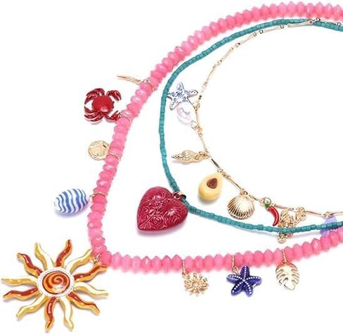 Bohemian Layered Necklace - Pink and Turquoise Beads with Sun and Heart Pendant Necklace - Summer Beach Jewelry 3-Piece Set in Saudi Arabia