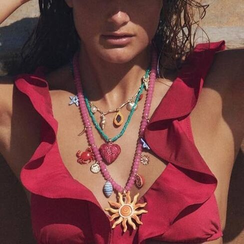 Bohemian Layered Necklace - Pink and Turquoise Beads with Sun and Heart Pendant Necklace - Summer Beach Jewelry 3-Piece Set in Saudi Arabia