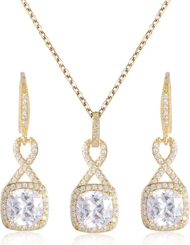 Crystal Jewelry Set for Women - Sterling Silver Princess Cut Square Cubic Zirconia CZ Bridal Pendant Necklace Earrings Set for Wedding Bride Bridesmaids Birthstone Fashion Jewelry Set in Saudi Arabia