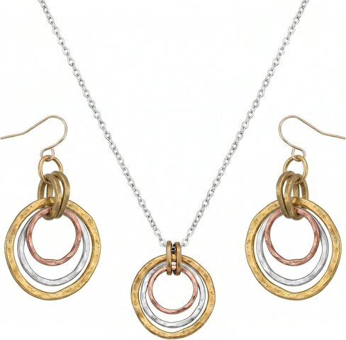 Necklace and Earrings Set for Women - Triple Interlocking Circle Pendant Necklace Dangle Earrings, Hammered Geometric Dainty Jewelry Set, Anniversary Birthday Gift, Gold Silver Two Tone in Kuwait