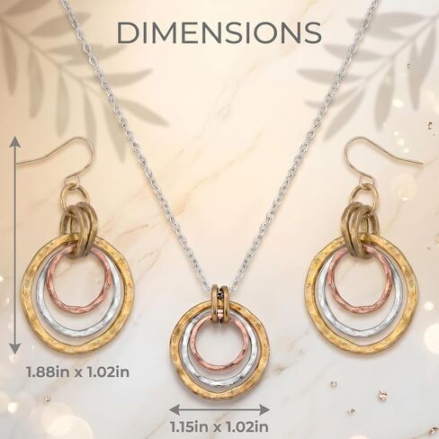 Necklace and Earrings Set for Women - Triple Interlocking Circle Pendant Necklace Dangle Earrings, Hammered Geometric Dainty Jewelry Set, Anniversary Birthday Gift, Gold Silver Two Tone in Saudi Arabia
