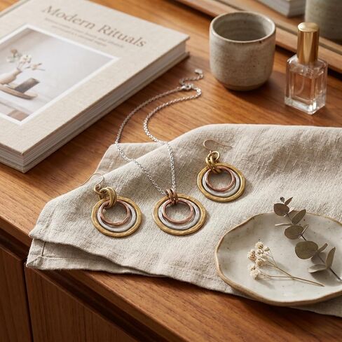 Necklace and Earrings Set for Women - Triple Interlocking Circle Pendant Necklace Dangle Earrings, Hammered Geometric Dainty Jewelry Set, Anniversary Birthday Gift, Gold Silver Two Tone in Saudi Arabia