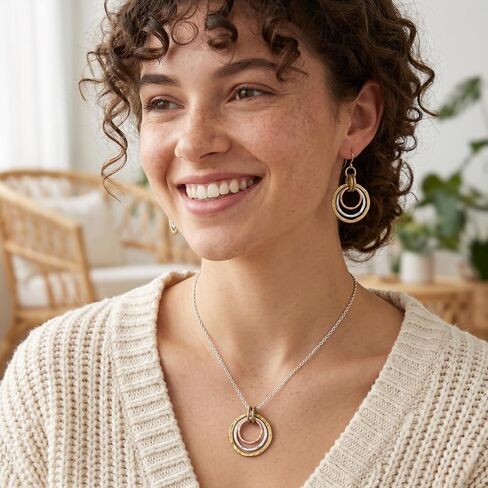Necklace and Earrings Set for Women - Triple Interlocking Circle Pendant Necklace Dangle Earrings, Hammered Geometric Dainty Jewelry Set, Anniversary Birthday Gift, Gold Silver Two Tone in Saudi Arabia