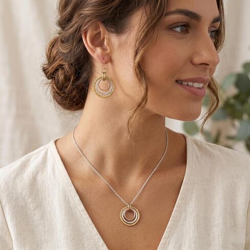 Necklace and Earrings Set for Women - Triple Interlocking Circle Pendant Necklace Dangle Earrings, Hammered Geometric Dainty Jewelry Set, Anniversary Birthday Gift, Gold Silver Two Tone in Saudi Arabia