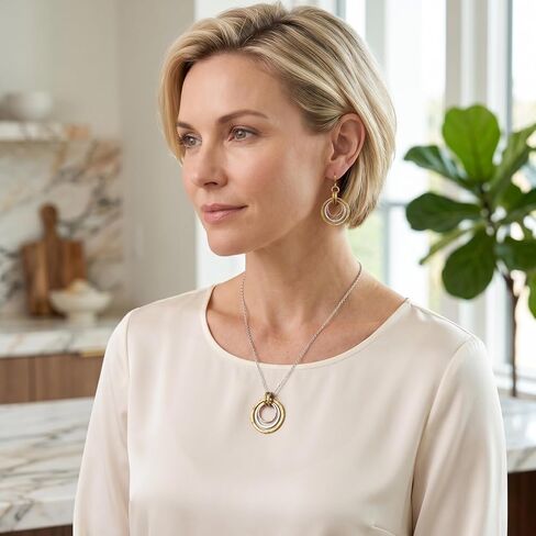 Necklace and Earrings Set for Women - Triple Interlocking Circle Pendant Necklace Dangle Earrings, Hammered Geometric Dainty Jewelry Set, Anniversary Birthday Gift, Gold Silver Two Tone in Saudi Arabia