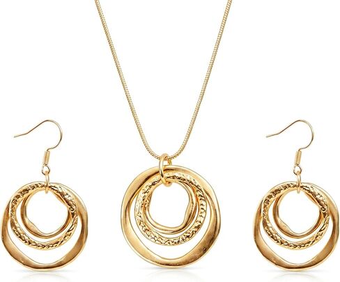 Necklace and Earrings Set for Women - Triple Interlocking Circle Pendant Necklace Dangle Earrings, Hammered Geometric Dainty Jewelry Set, Anniversary Birthday Gift, Gold Silver Two Tone in Saudi Arabia