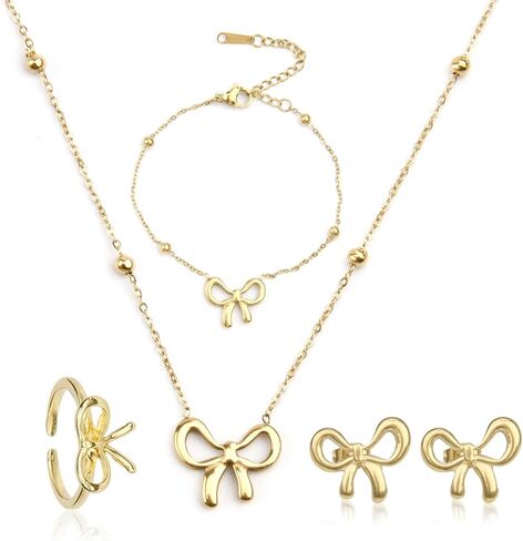 4-Piece Gold Bow Jewelry Set: Women's Cute Bow Earrings, Necklace, Bracelet, Ring - Gold Plated Stainless Steel - Perfect for Christmas, Valentine's Day, Party in Saudi Arabia