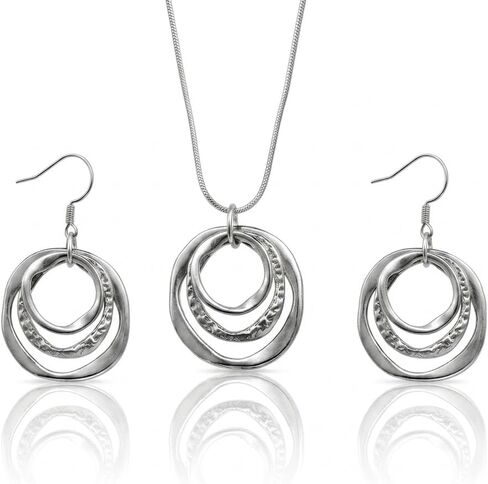 Necklace and Earrings Set for Women - Triple Interlocking Circle Pendant Necklace Dangle Earrings, Hammered Geometric Dainty Jewelry Set, Anniversary Birthday Gift, Gold Silver Two Tone in Saudi Arabia
