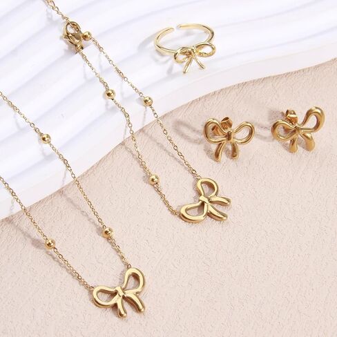 4-Piece Gold Bow Jewelry Set: Women's Cute Bow Earrings, Necklace, Bracelet, Ring - Gold Plated Stainless Steel - Perfect for Christmas, Valentine's Day, Party in Saudi Arabia