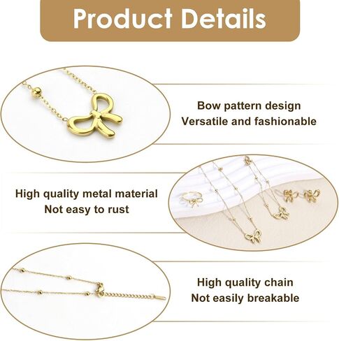 4-Piece Gold Bow Jewelry Set: Women's Cute Bow Earrings, Necklace, Bracelet, Ring - Gold Plated Stainless Steel - Perfect for Christmas, Valentine's Day, Party in Saudi Arabia