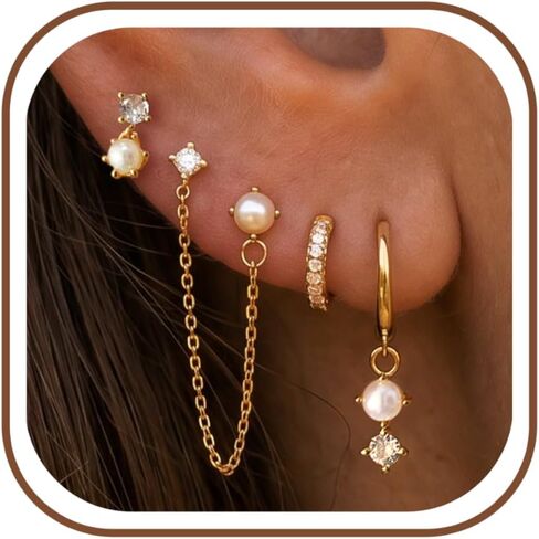 4Pcs Stacks Gold Earrings Set for Women Non Tarnish Dangle CZ Huggie Hoop Chain Studs Pearl Dainty Cartilage 14K Plated Silver Trendy Jewelry Gift in Saudi Arabia