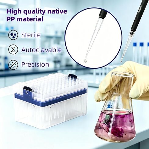 1000μl Pipette Tips,Universal Polypropylene Clear Pipet Tips,Laboratory Non-pyrogenic Autoclavable Pipet Tips,DNAse RNAse Free,1 Rack 96 Tips with Box (1000μl) in Kuwait
