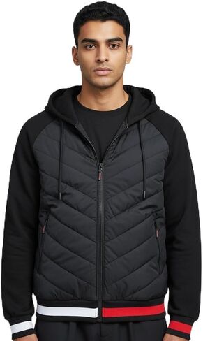 1826 Mens Quilted Hybrid Jacket with Fleece Sleeves, Drawstring Hood, Stripped Hem in Saudi Arabia