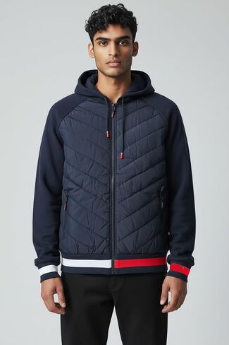 1826 Mens Quilted Hybrid Jacket with Fleece Sleeves, Drawstring Hood, Stripped Hem in Saudi Arabia