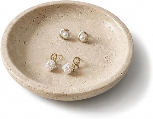 Natural Beige Travertine Jewelry Dish 5.5 Inch, Handmade Travertine Tray & Trinket Dish,Multi-Functional Decorative Stone Tray for Earrings,Ring, Keys, Lipsticks, Ideal Gift for Wome, in Saudi Arabia