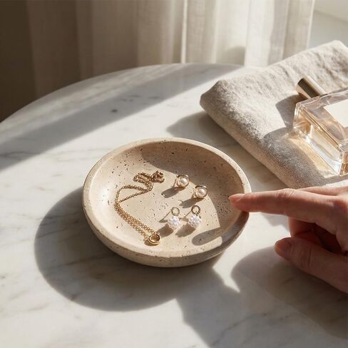 Natural Beige Travertine Jewelry Dish 5.5 Inch, Handmade Travertine Tray & Trinket Dish,Multi-Functional Decorative Stone Tray for Earrings,Ring, Keys, Lipsticks, Ideal Gift for Wome, in Saudi Arabia