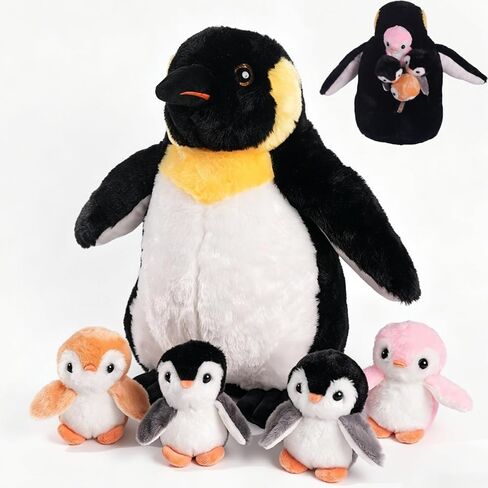 Youthfuljive 5 Pcs Penguin Stuffed Animal with Babies, 13 Inch Mommy Stuffed Animal Penguin Plush Toy with 4 Baby Penguins Zipper Belly Soft Cuddly Penguin Plushie Pillow Toys for Kids Birthday in Saudi Arabia