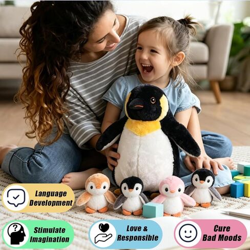 Youthfuljive 5 Pcs Penguin Stuffed Animal with Babies, 13 Inch Mommy Stuffed Animal Penguin Plush Toy with 4 Baby Penguins Zipper Belly Soft Cuddly Penguin Plushie Pillow Toys for Kids Birthday in Saudi Arabia