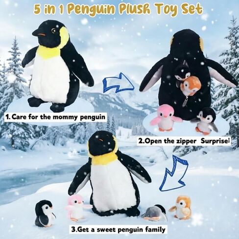 Youthfuljive 5 Pcs Penguin Stuffed Animal with Babies, 13 Inch Mommy Stuffed Animal Penguin Plush Toy with 4 Baby Penguins Zipper Belly Soft Cuddly Penguin Plushie Pillow Toys for Kids Birthday in Saudi Arabia
