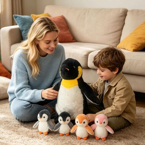 Youthfuljive 5 Pcs Penguin Stuffed Animal with Babies, 13 Inch Mommy Stuffed Animal Penguin Plush Toy with 4 Baby Penguins Zipper Belly Soft Cuddly Penguin Plushie Pillow Toys for Kids Birthday in Saudi Arabia