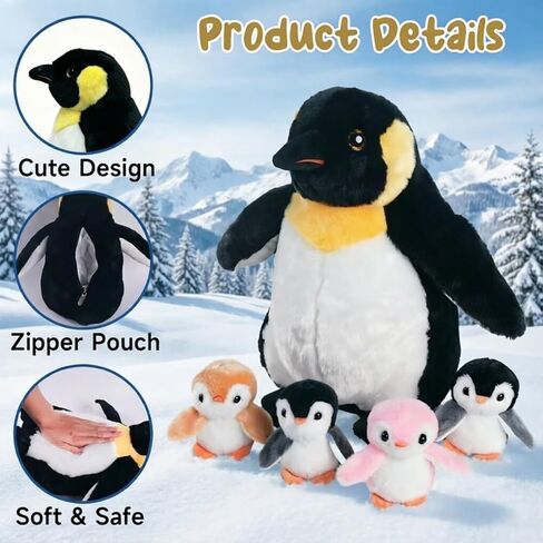 Youthfuljive 5 Pcs Penguin Stuffed Animal with Babies, 13 Inch Mommy Stuffed Animal Penguin Plush Toy with 4 Baby Penguins Zipper Belly Soft Cuddly Penguin Plushie Pillow Toys for Kids Birthday in Saudi Arabia