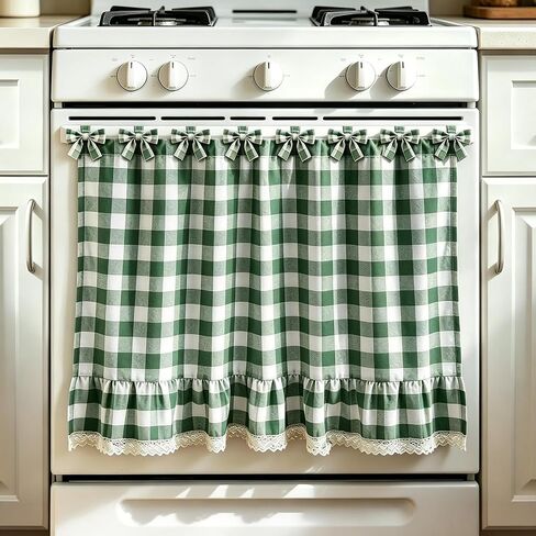 Oven Skirt Curtain, Farmhouse Tie Top Oven Curtain for Door with Ruffle Trim and Ribbon Bow Ties, Decorative Stove Cover, Dishwasher Cover for Cottage Kitchen Decor (Black Check) in Saudi Arabia
