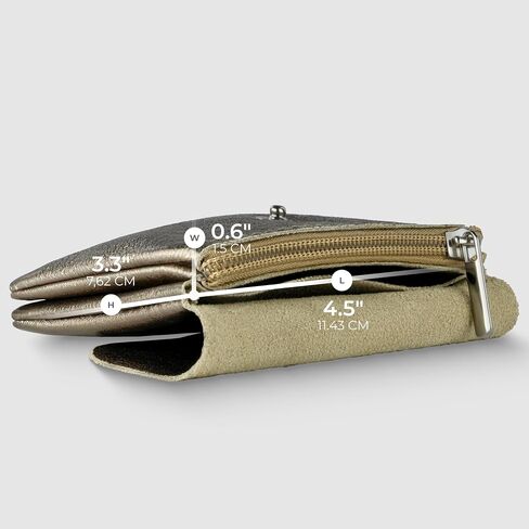 Italian Genuine Metallic Suede Wallet for Women with Snap Closure & Zipper | Small Designer Evening Card Case (Bronze) in Saudi Arabia