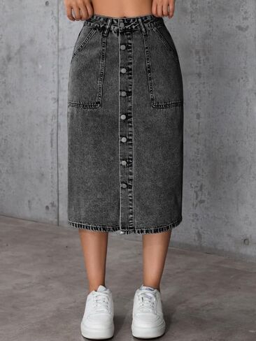 Women’s High Waist Denim Jean Skirt Button Front Fit Pockets Midi Skirt Casual Pencil Skirt in Kuwait