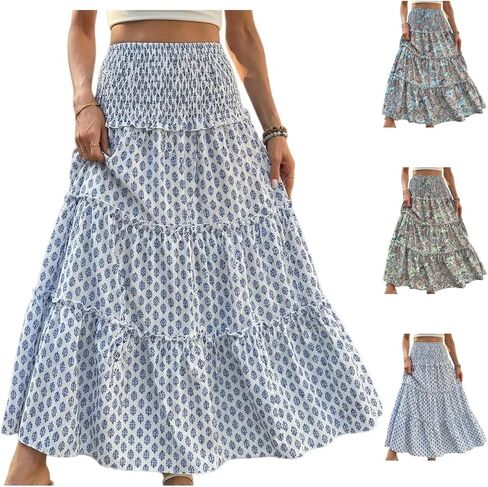 Women Smocked High Waist Tiered Ruffle A-Line Maxi Skirts Trendy Paisley Print Flowy Beach Summer Vacation Boho Skirt in Kuwait