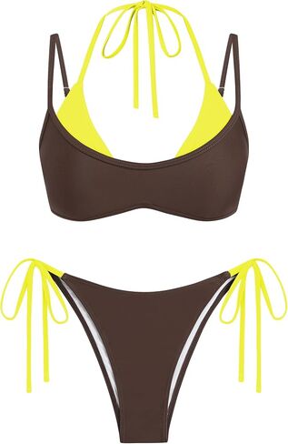 ZAFUL Women's Polka Dot Bikini Set Double Layer Halter Swimsuit Colorblock Side Tie 2 Piece Bathing Suit 0-Brown Yellow L in Kuwait