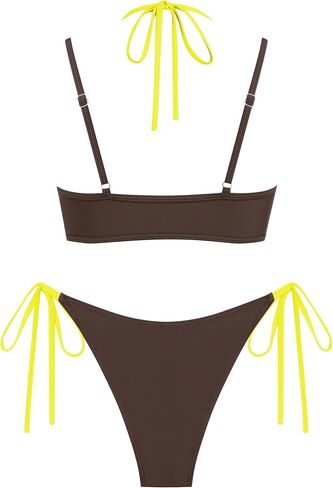 ZAFUL Women's Polka Dot Bikini Set Double Layer Halter Swimsuit Colorblock Side Tie 2 Piece Bathing Suit 0-Brown Yellow L in Kuwait