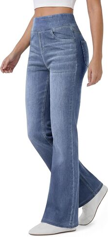 FireSwan Women's Straight Leg Jeans High Waisted Stretchy Pull On Denim Pants Bootcut Bell Bottom Jeans Trendy Light Blue M in Saudi Arabia