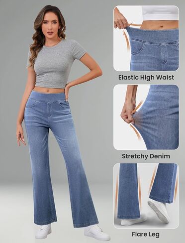 FireSwan Women's Straight Leg Jeans High Waisted Stretchy Pull On Denim Pants Bootcut Bell Bottom Jeans Trendy Light Blue M in Saudi Arabia