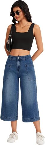 Metietila Capri Pants for Women High Waisted Wide Leg Cropped Jeans Summer Casual Stretchy Denim Jeans with Pockets in Saudi Arabia