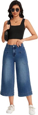 Metietila Capri Pants for Women High Waisted Wide Leg Cropped Jeans Summer Casual Stretchy Denim Jeans with Pockets in Saudi Arabia