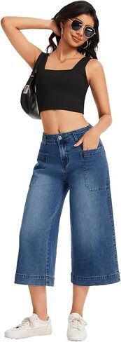 Metietila Capri Pants for Women High Waisted Wide Leg Cropped Jeans Summer Casual Stretchy Denim Jeans with Pockets in Saudi Arabia