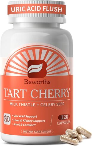 B BEWORTHS Tart Cherry Capsules with Celery Seed & Milk Thistle | Uric Acid & Liver Cleanse | 600mg Tart Cherry 10:1 Extract Supplement with Turmeric, Magnesium for Antioxidant, Joint Health, Zzz in Saudi Arabia