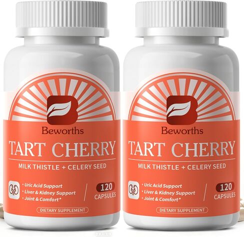 B BEWORTHS Tart Cherry Capsules with Celery Seed & Milk Thistle | Uric Acid & Liver Cleanse | 600mg Tart Cherry 10:1 Extract Supplement with Turmeric, Magnesium for Antioxidant, Joint Health, Zzz in Saudi Arabia