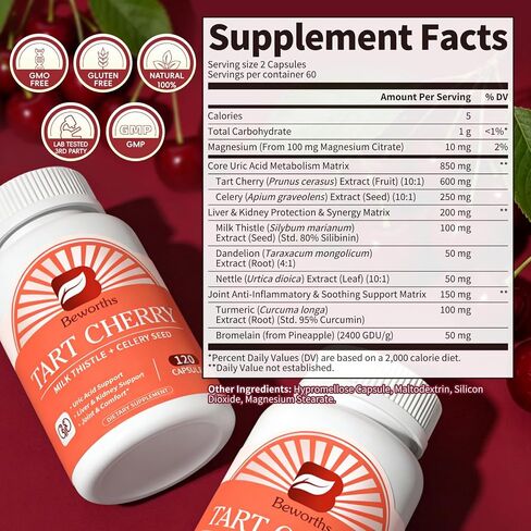 B BEWORTHS Tart Cherry Capsules with Celery Seed & Milk Thistle | Uric Acid & Liver Cleanse | 600mg Tart Cherry 10:1 Extract Supplement with Turmeric, Magnesium for Antioxidant, Joint Health, Zzz in Saudi Arabia