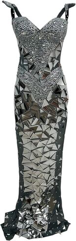 Women Striking Diamonds Sheer Mesh Bodycon Maxi Dress Sequin Rhinestone Embellished Formal Gown for Gala & Photoshoots in Kuwait