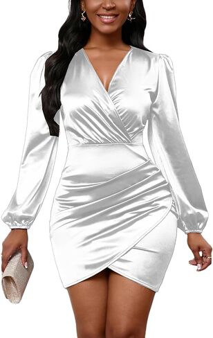 Yajedo Women's Sexy V Neck Long Sleeve Satin Dress 2026 Club Elegant Cocktail Wedding Guest Mini Sheath Bodycon Dresses in Saudi Arabia