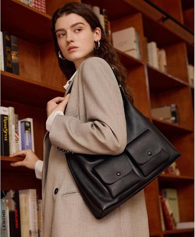 ELLE Full-Grain Leather Shoulder Bag Large Hobo Handbag Adjustable Strap | 2 Front Pockets in Saudi Arabia