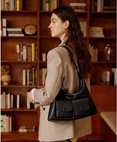 ELLE Full-Grain Leather Shoulder Bag Large Hobo Handbag Adjustable Strap | 2 Front Pockets in Saudi Arabia