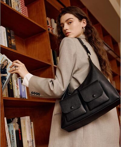 ELLE Full-Grain Leather Shoulder Bag Large Hobo Handbag Adjustable Strap | 2 Front Pockets in Saudi Arabia
