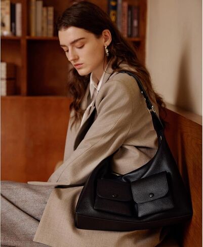ELLE Full-Grain Leather Shoulder Bag Large Hobo Handbag Adjustable Strap | 2 Front Pockets in Saudi Arabia