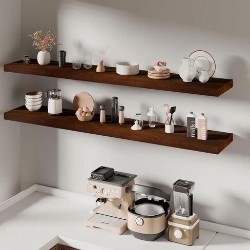 60 Inch Long Floating Shelves for Wall Set of 3, Solid Wood Walnut Floating Shelves 10in Depth, 5ft Large Wall Shelf Floating Bookshelf for Kitchen Living Room in Saudi Arabia