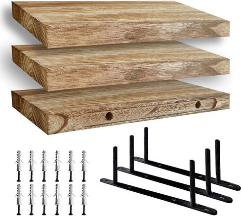 Floating Shelves for Wall, Solid Wood Wall Shelves Set of 3, Wall Mounted Floating Shelf with Hidden Brackets, Hanging Wood Shelves for Bedroom Bathroom Kitchen Living Room Storage Display in Saudi Arabia